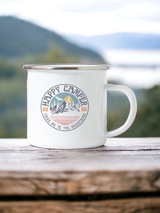 Happy Camper, Take Me To The Mountains - Enamel Mug