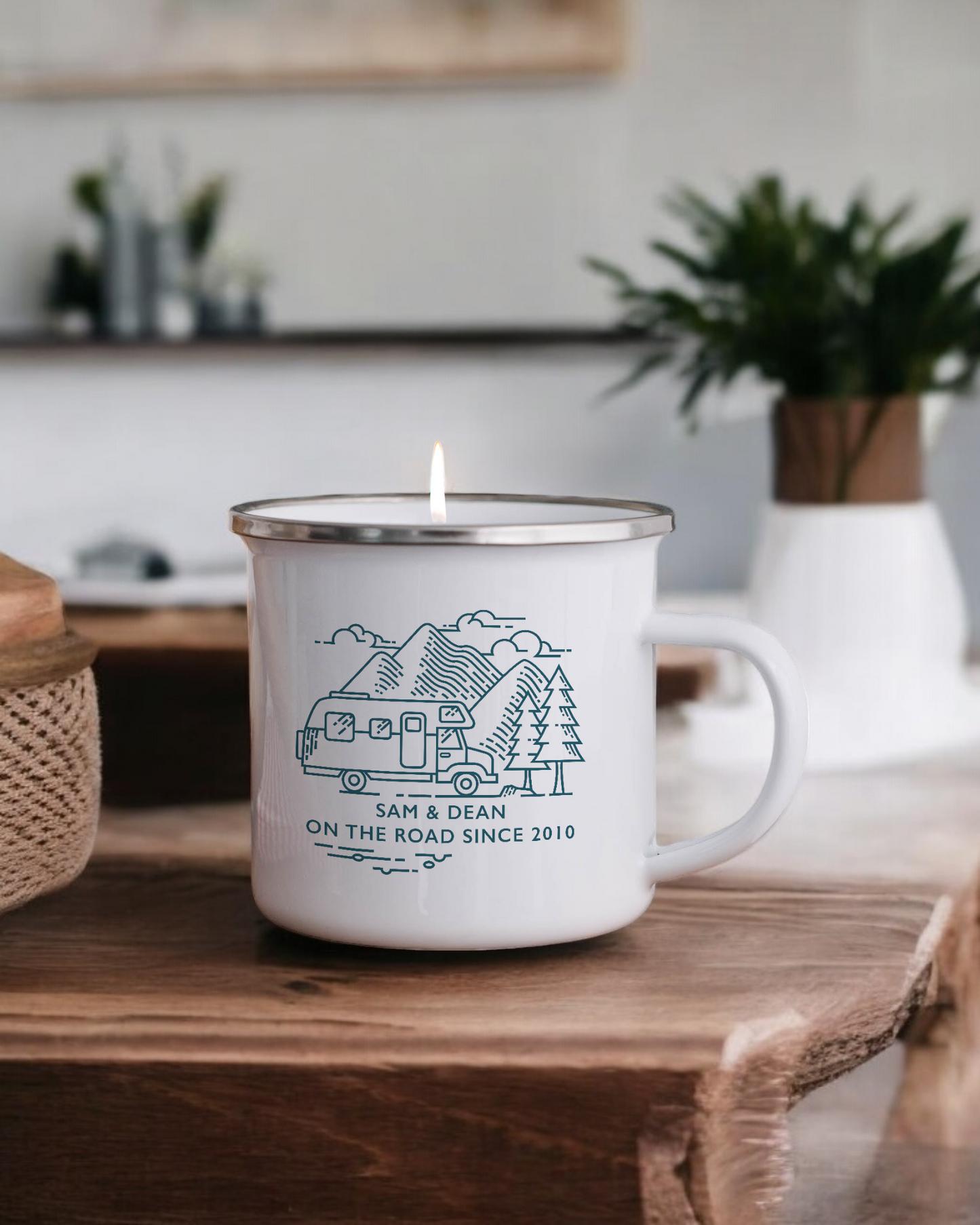 On the road - Personalised Enamel Camper Candle