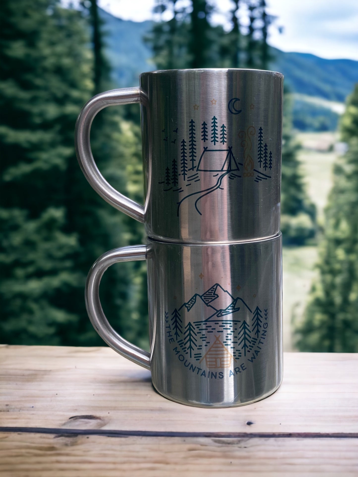 Set of Two Mountain & Adventure themed stainless steel camping mugs