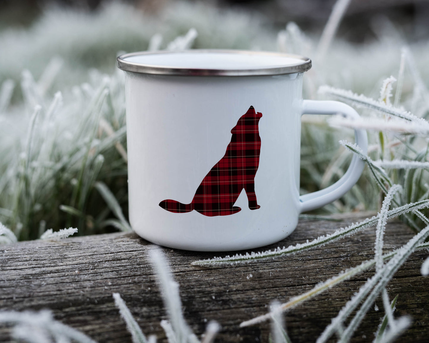 Plaid Wolf - Enamel Camping Mug